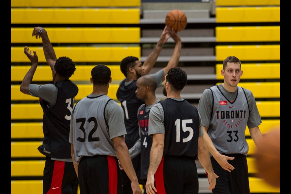 Toronto Raptors player Kyle Wiltjer, far right, at training camp at UVic's CARSA gym. Sept. 26, 2017