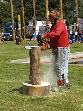 Paul Mackenzie, dressed up as his alter-ego, Paula the Clown. Paula was a fixture at the Squamish Days Loggers Sports for many years.