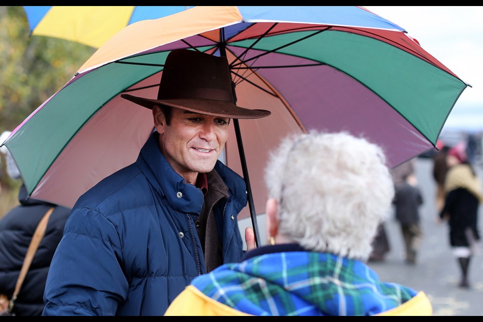 Yannick Bisson shares a moment with longtime fan Bev Anderson during the shooting of a scene for the CBC television series Murdoch Mysteries at Cattle Point in Oak Bay on Friday, Oct. 6, 2017.