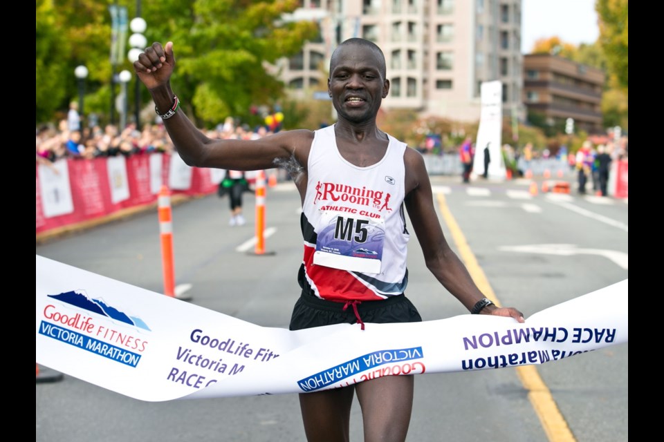 Victoria Marathon men's winner Daniel Kipkoech is first to cross the finish line in the 2015 race. Going into the 2017 marathon, he is a three-time defendng champion. Oct. 11, 2015