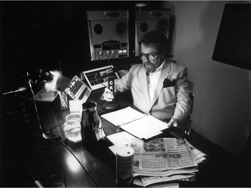April 20, 1985 – Broadcaster and former B.C. cabinet minister Rafe Mair in the studio at radio station CKNW.