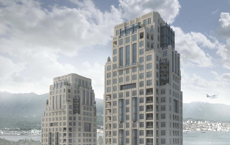 A rendering of Landa Global Properties's proposed condo towers at 1400 Alberni St., to be built to p