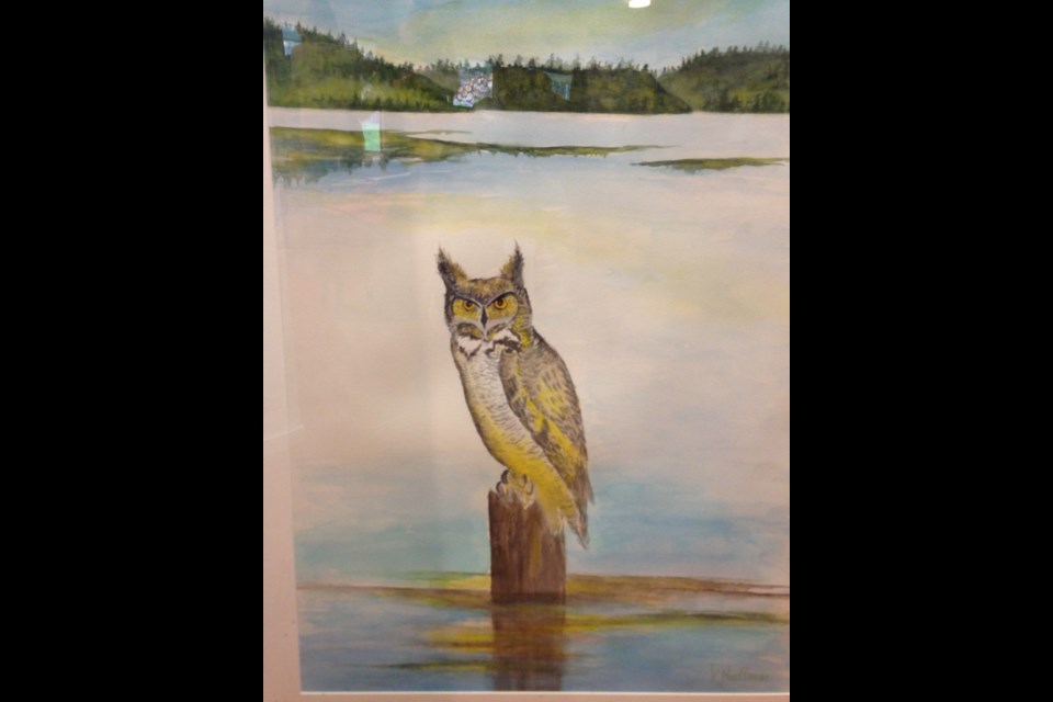 A watercolour painting of an owl by Kay Hoffman. This was one of her favourite paintings, one she always wanted in sight during her last days.