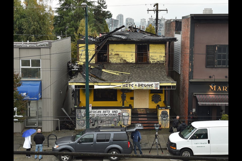 The African Arts and Percussions building on West Broadway suffered extensive damage in a fire Sunday night. Firefighters were able to keep the blaze from spreading to surrounding businesses. Photo Dan Toulgoet