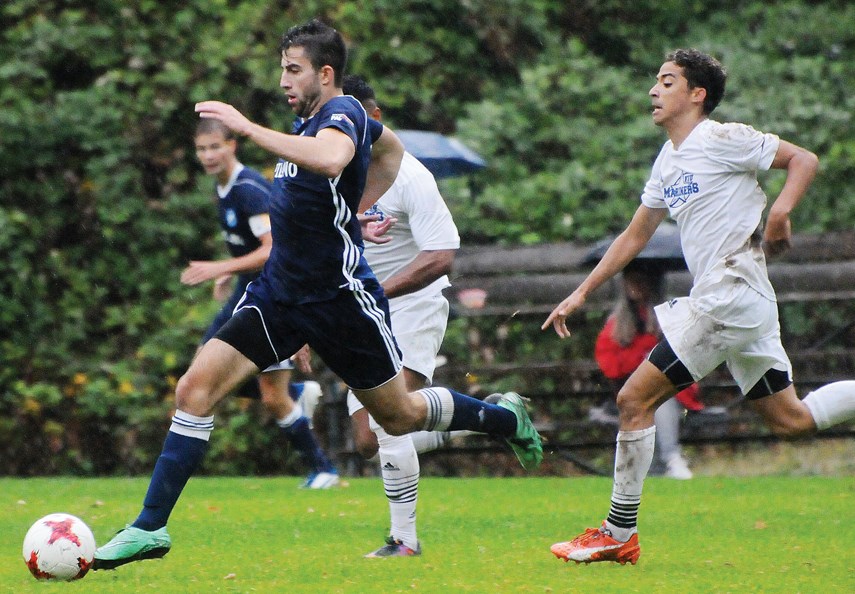 Nicolas Morello surges down the field for the Capilano Blues during a game against the Vancouver Island Mariners earlier this season. Nicolas recruited his younger brother Daniel to join him at Capilano and since then the pair has helped the Blues win two straight league titles. photo Cindy Goodman, North Shore News