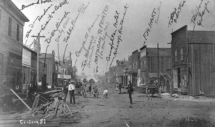 Rebuilding Cordova St one month after the Great Fire. Photo: Vancouver Archives: #Str P7.