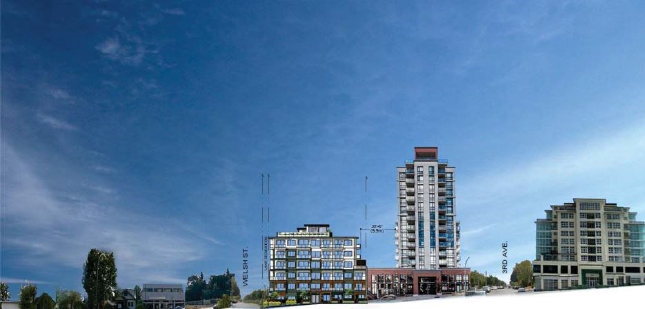 An architectural rending of a proposed six-storey wood-frame building shows how the project at 228 and 232 Sixth Street would look in the streetscape. A highrise is located on the adjacent site.