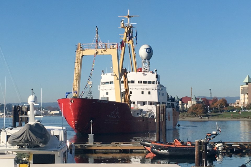 The icebreak Polar Prince arrives in Victoria on Saturday, Oct. 28, 2017, after its 150-day voyage from Toronto via the Northwest Passage.