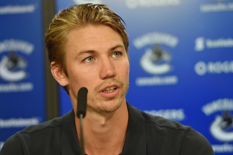 Anton Rodin at the mic prior to Canucks preseason