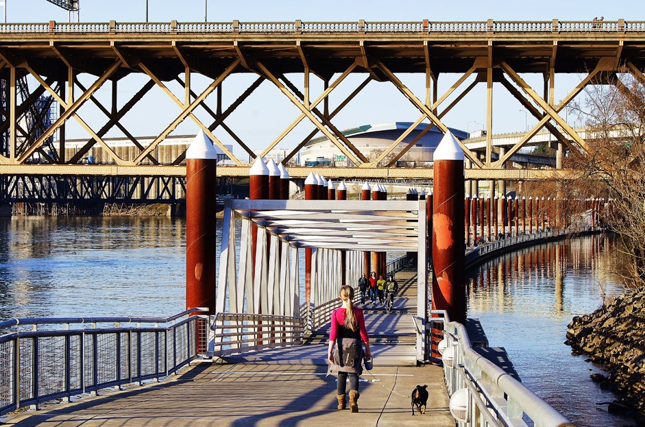 A proposed connection between Sapperton Landing Park and Westminster Pier Park would include a floating greenway. The Vera Katz Eastbank Trail on the Willamette River in Portland, Oregon rises and falls with the tide.