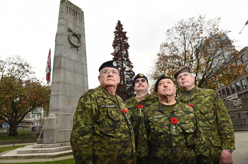 The largest Remembrance Day ceremony in Vancouver takes place Nov. 11 at the Victory Square cenotaph. Photo Dan Toulgoet