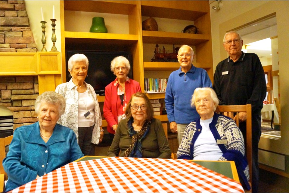 Residents at Gilmore Gardens spent their Wednesday afternoon happy hour with the Richmond News over the past two weeks. Pictured are (left to right) Betty Lefroy, Violett Moldowan, Natalie Montgomery, Marjorie Duke, Jim Gray, Joyce Hooper and George Langevin. Photo by Graeme Wood/Richmond News.