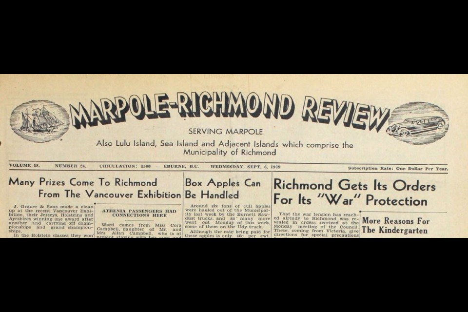 The Marpole-Richmond Review on Sept. 6, 1939. Photo by Richmond Archives