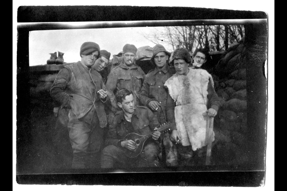 This image, taken by a soldier using a Kodak pocket camera, shows members of the 16th Battalion (Canadian Scottish), a unit of the First World War Canadian Expeditionary Force that consisted of troops from Victoria, Vancouver and Hamilton, Ont. The names of the people in the photo, along with when and where it was taken, are not known. Image I-83671, courtesy of the Royal B.C. Museum and Archives