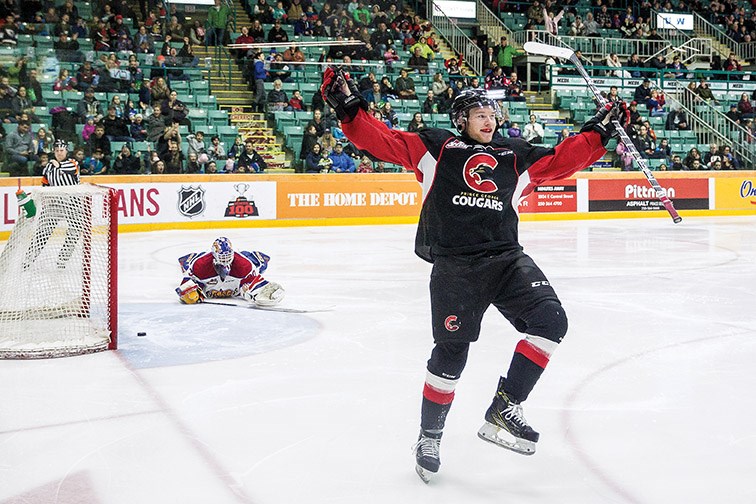 Prince George Cougars forward Jared Bethune celebrates after scoring against the Edmonton Oil Kings on Saturday night at CN Centre. Citizen Photo by James Doyle
