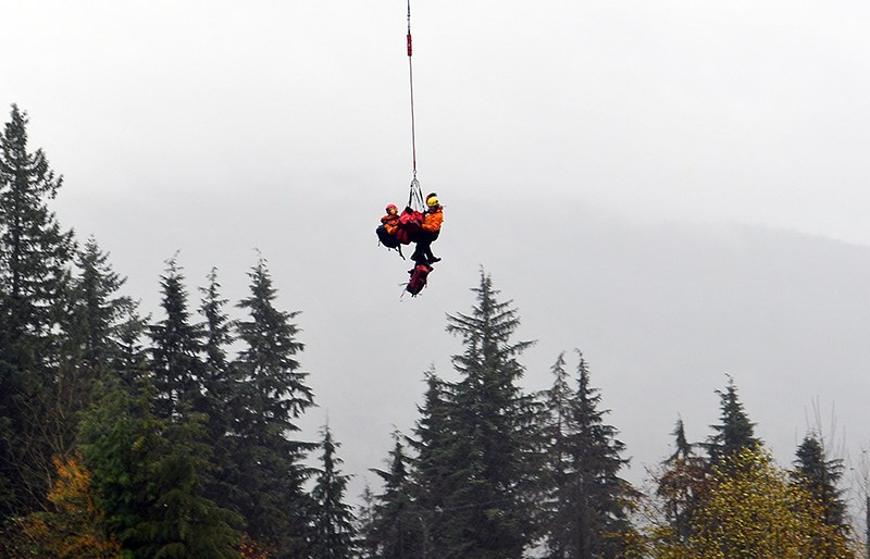 Coquitlam Search and Rescue volunteers, aided by Talon Helicopters, conducted a long-line rescue to ferry Annette Poitras out of the bush of the Coquitlam watershed Wednesday after she and the three dogs she was walking were missing for two days.