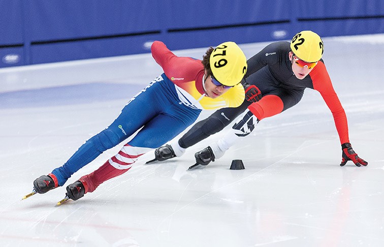 Keanan St. Rose of Prince George leads Nyam Newlove of Ft. St. John around the track during a 1000m race as the two competed in the Central Interior Challenge/Zone 8 Trials speed skating event that took place on Saturday at Kin 1. Citizen Photo by James Doyle