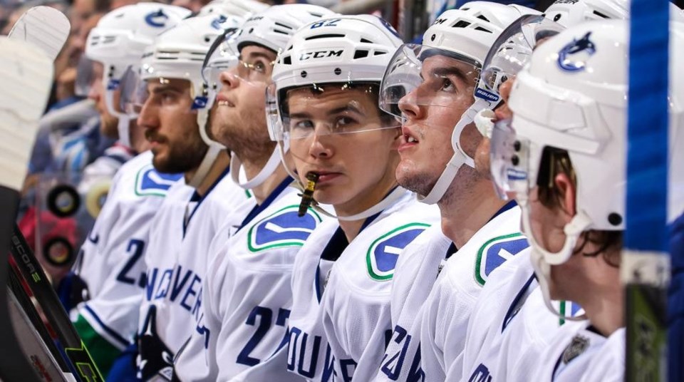 Nikolay Goldobin looks down the Canucks bench.