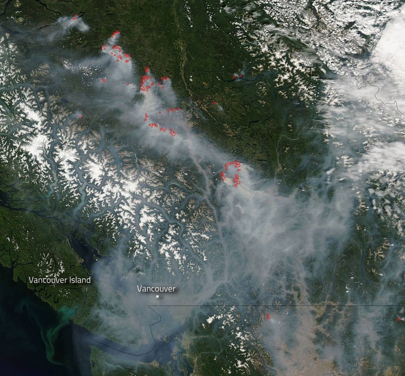 This photo taken from space by NASA, shows smoke from B.C. wildfires blanketing the province and nor