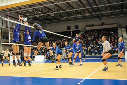 Handsworth’s Alyssa Murdock takes a swing as her teammates provide support during the provincial AAAA volleyball final against Belmont Saturday at the Langley Events Centre. Handsworth won silver for the second straight year. photo Paul Yates/Vancouver Sports Pictures