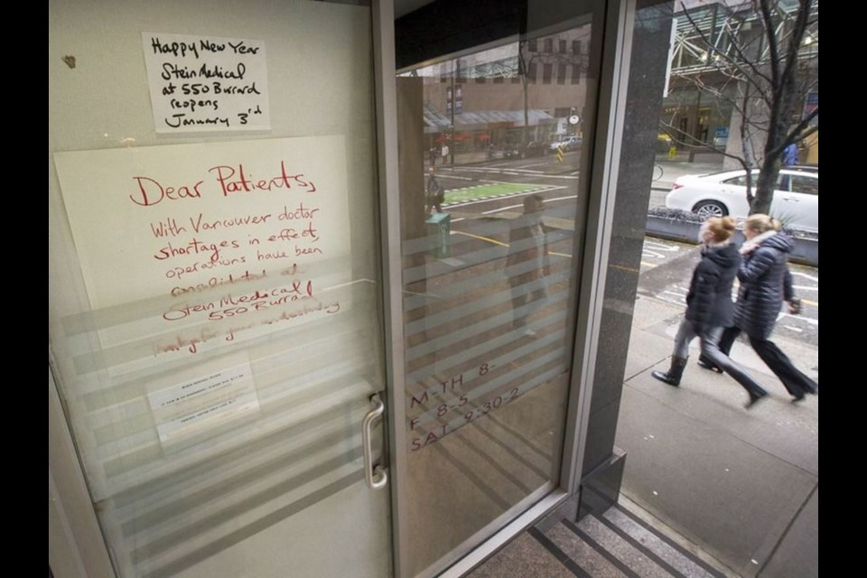 Sign at Stein Medical Clinic at 887 Dunsmuir St, Vancouver, on Jan. 18 states clinic is closed due to doctor shortage.