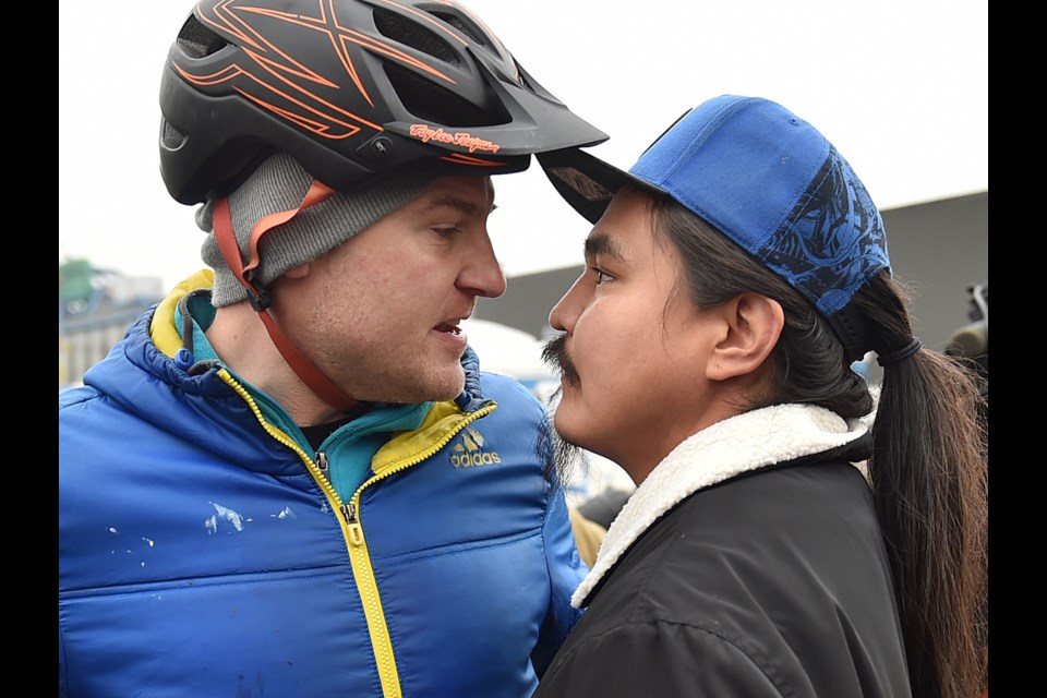 Cyclist Troy Tyrell got into an altercation with Herb Varley, one of the spokespeople at the Sugar Mountain camp. Photo Dan Toulgoet