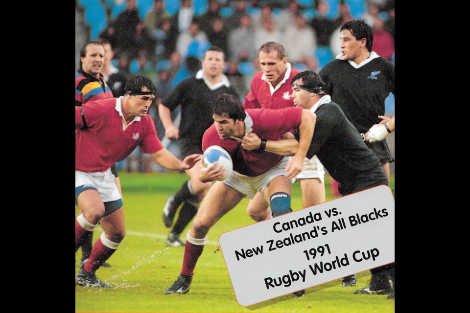 David Speirs (left), longtime rugby coach and athletic director at West Vancouver’s Collingwood School, is immortalized on this plaque charging into the fray while playing for Team Canada against New Zealand in the 1991 Rugby World Cup. photo supplied
