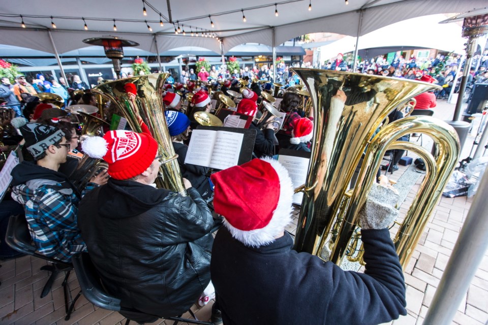 About a hundred tuba and euphonium players met in Market Square on Dec. 9, 2017 to raise money for the Times Colonist Christmas Fund.