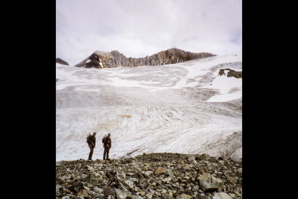 Hunters Bill Hanlon and Warren Ward at the base of B.C.&Iacute;s Fault Creek Glacier, near where 200-year-old First Nation human remains were found.