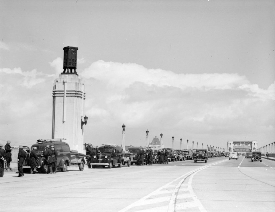 This 1943 archival photo shows one of the lamps (on the left) during an A.R.P. fire drill display. P