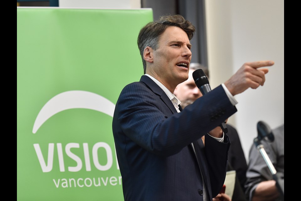 Mayor Gregor Robertson told a crowd of about 100 Vision Vancouver members Monday the party must reach out to other "progressive" parties to keep the Non-Partisan Association from winning city hall in the October election. Photo Dan Toulgoet