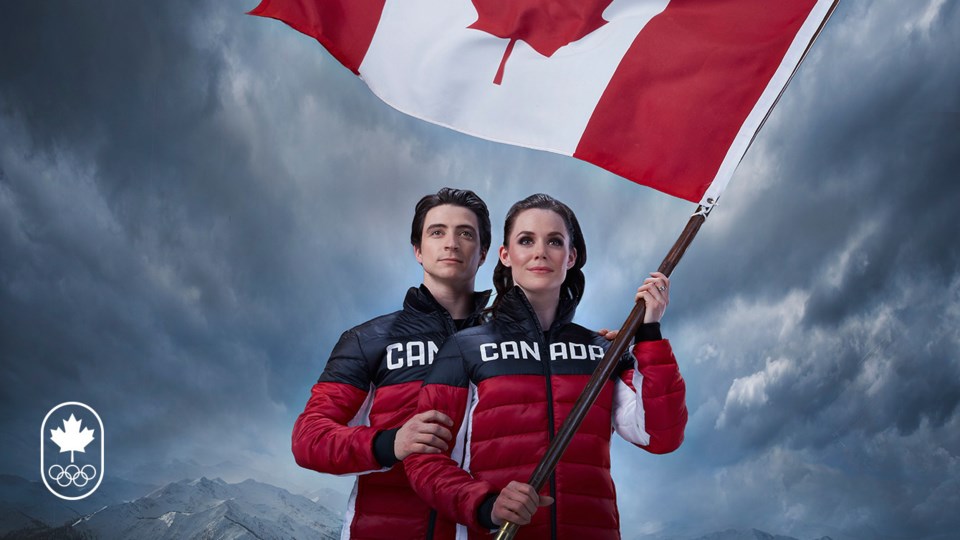 The official promotional picture of Tessa Virtue and Scott Moir as Team Canada's 2018 flag bearers.