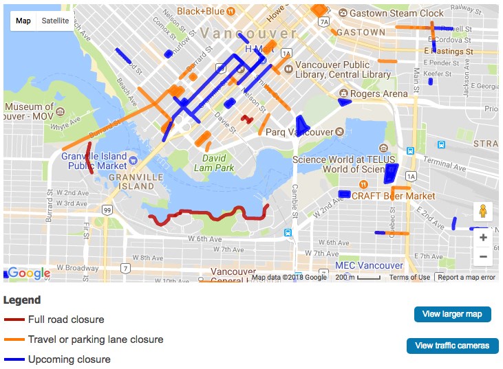 Map of upcoming road closures in Vancouver.