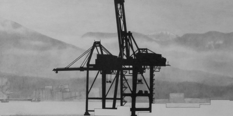 Detail from Gary Sim's Waiting for More Ships from China, a drawing that's part of the Surface Tension exhibition at the McGill library branch.