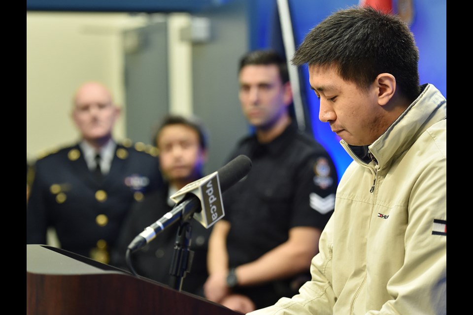 Wilfred Wong, older brother of 15-year-old Alfred Wong, the innocent bystander killed in the Jan. 13 shooting on Broadway, speaks to the media Monday, Jan. 22. Photo Dan Toulgoet