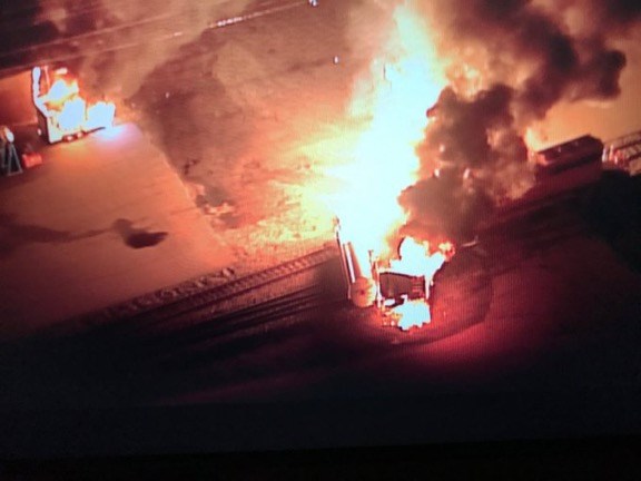 Fire broke out at the Port Coquitlam rail yard Monday night after a tanker truck carrying ethanol gas hit a CN Rail car.