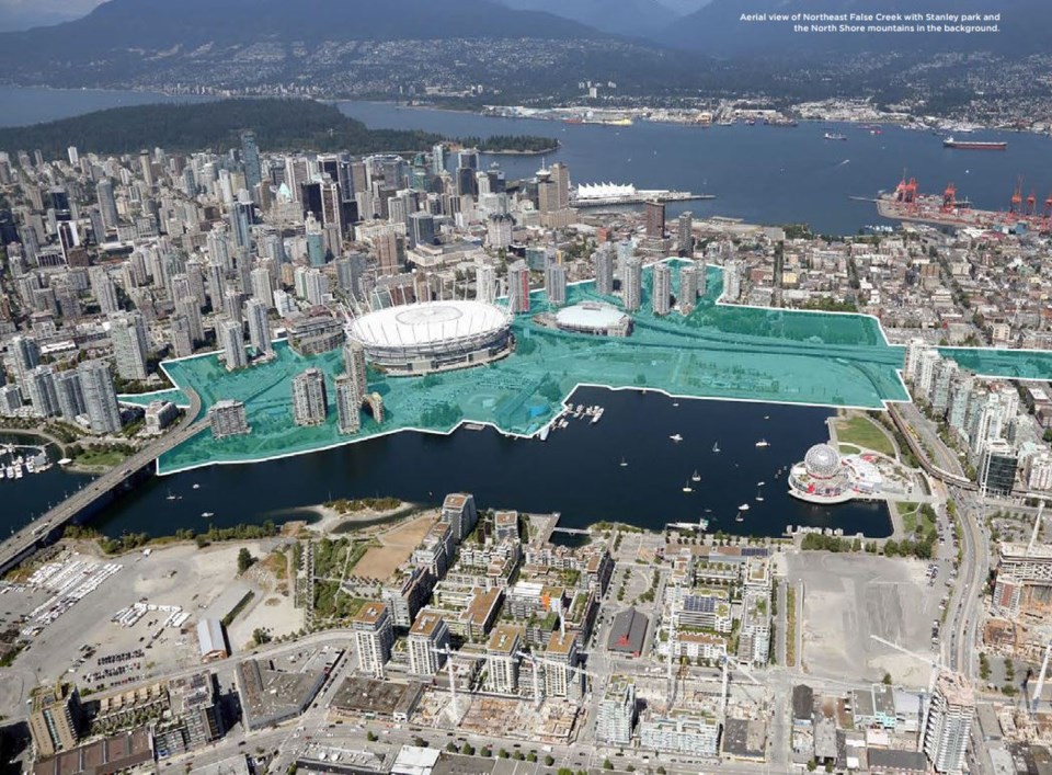Aerial image of the Northeast False Creek planning area courtesy of the City of Vancouver.