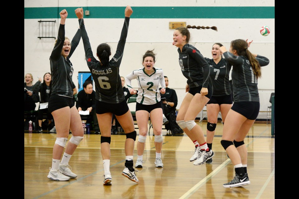 The Douglas College Royals, including from left, Bailey Zulinick, Vania Oliveira, Claudia Corneil, Olivia Cesaretti, Vicki Schley and Abby Mitro, are building towards next month’s provincials and are currently ranked No. 2 in the Canadian Collegiate Athletic Association women’s volleyball.