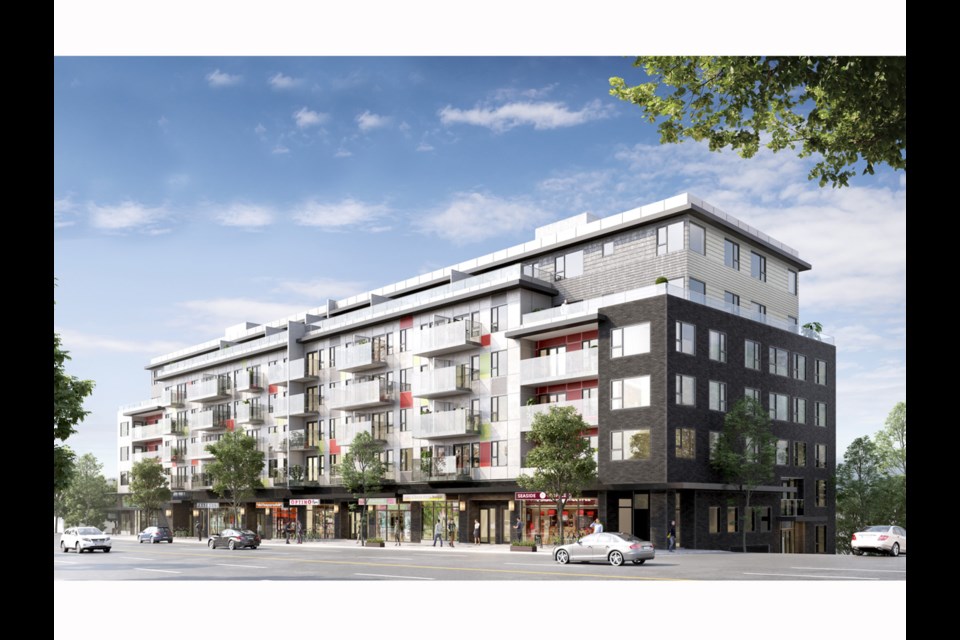 Construction on a six-storey complex called The Link at Collingwood, at 3595 Kingsway, will be completed in the summer of 2019. It will feature commercial and retail space at grade, as well as 44 units of rental housing earmarked for low-income seniors and 104 market rental units. Rendering courtesy GBL Architects