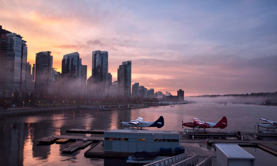 Coal Harbour Vancouver winter sunset fog floatplanes