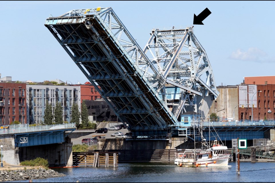 An arrow indicates where Reitsma was working on the Johnson Street Bridge when it rose without warning in 1953. Sixty-five years later, he still doesn't like heights.