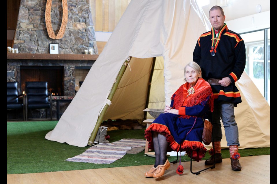 Karen Sørensen and Troy Storfjell in traditional Sami dress, at the Sami Culture and Design Show at the Scandinavian Community Centre in Burnaby.