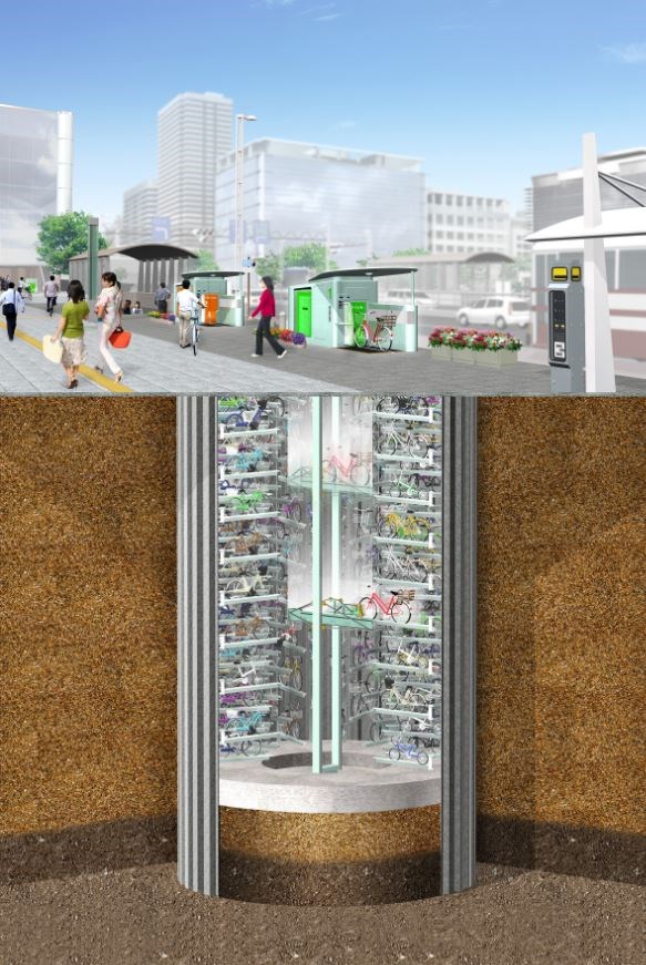 Pictured is an example of an Eco Cycle bike silo in Japan. It is not necessarily what will be used i