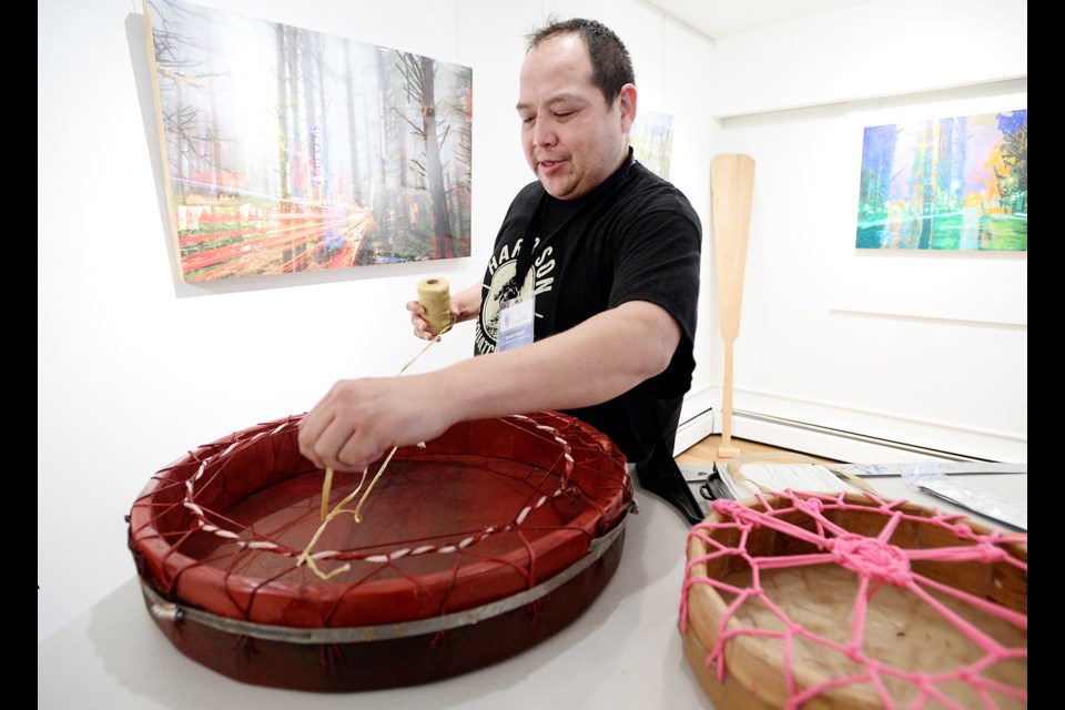 Brandon Gabriel (Kwelexwecten) demonstrates the art of creating a Coast Salish drum.