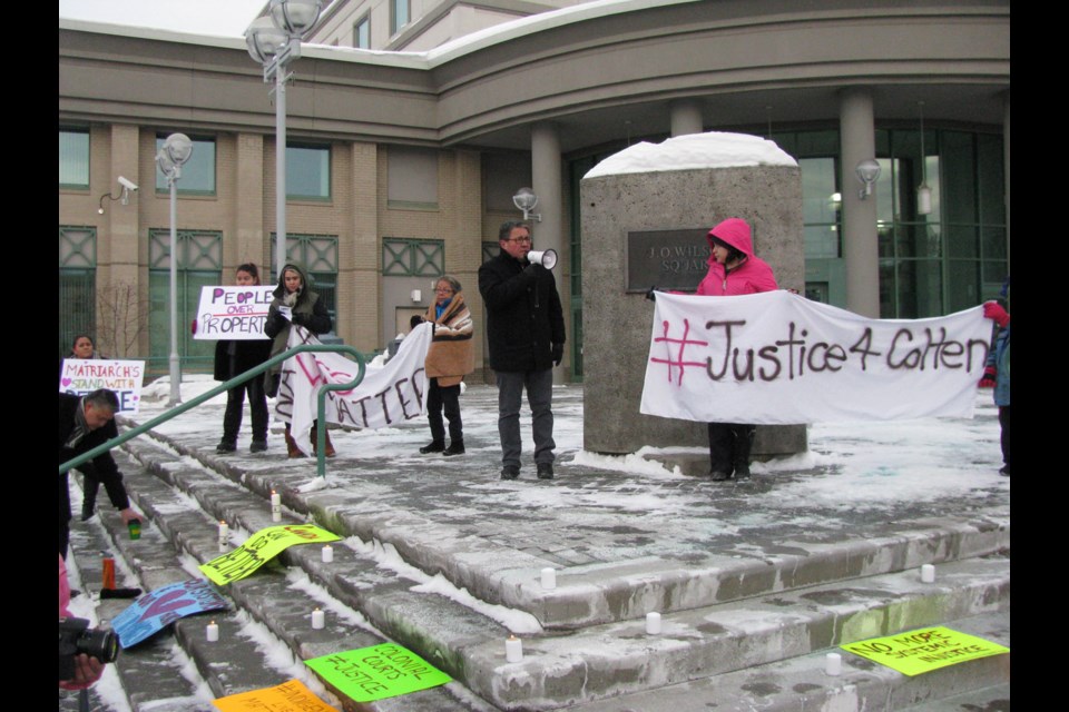 On Monday the Justice for Colten Boushie rally was held on the steps of the Prince George Courthouse. These posters were laid on the stairs to share their message with those 100 or so people in attendance. Supporters were asking for major changes in the federal justice system and healing.