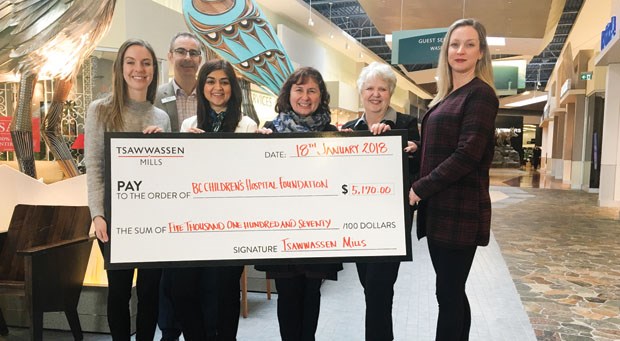 Tsawwassen Mills raised more than $5,000 for the BC Children’s Hospital Foundation by offering shoppers a gift wrapping service by donation over the Christmas season. “The gift wrapping team did a fantastic job,” said Kristina Shier, director of marketing at Tsawwassen Mills. “The campaign offered an opportunity to give something back to the community and enhanced customer experience at the Mills.” Pictured from left are: Kaleigh Gellert, BCCHF; Mark Fenwick, Tsawwassen Mills; Ayesha Qureshi, Tsawwassen Mills; Nancy Tardioli, BCCHF; Jean Parfionko, Tsawwassen Mills; and Kristina Shier, Tsawwassen Mills.
