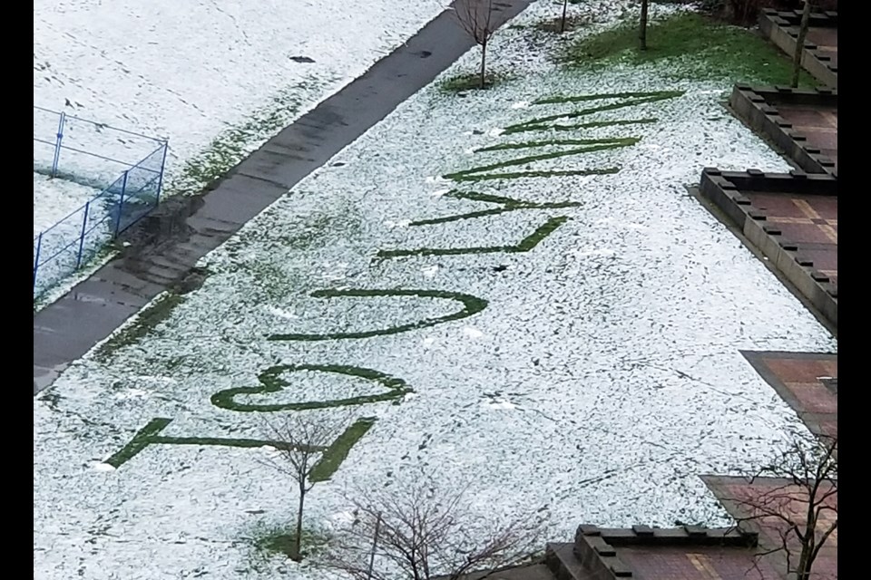 An enterprising Valentine wrote "I [HEART] U LYNN" in the snow of David Lam Park. Are you Lynn?