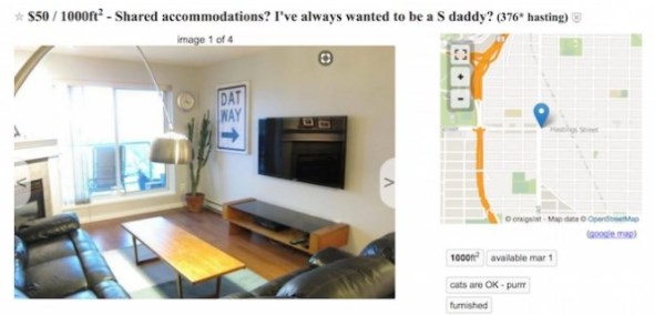 Craigslist ‘daddy’ seeks roomie who’ll pay in dates, housekeeping, massages. Image / Craigslist screenshot