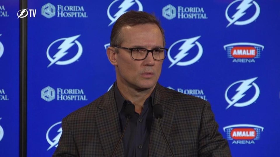 Tampa Bay Lightning GM Steve Yzerman addresses the media