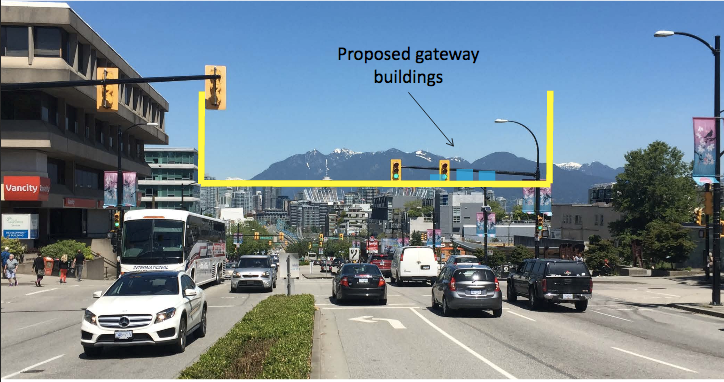 This view corridor, as seen from 10th Avenue and Cambie Street, is what has been at issue for some city councillors and "hundreds" of citizens worried about losing a partial view of the North Shore mountains. Photo courtesy City of Vancouver